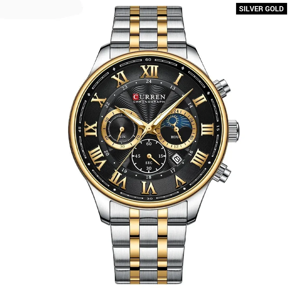 Casual Men's Watches with Date Classic Chronograph Stainless Steel Wristwatches with Luminous Hands Male Clock