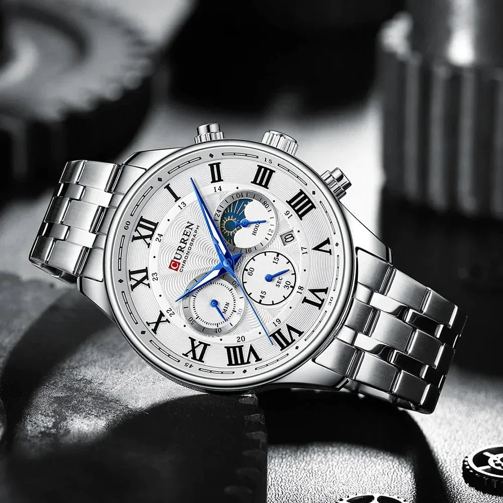 Casual Men's Watches with Date Classic Chronograph Stainless Steel Wristwatches with Luminous Hands Male Clock