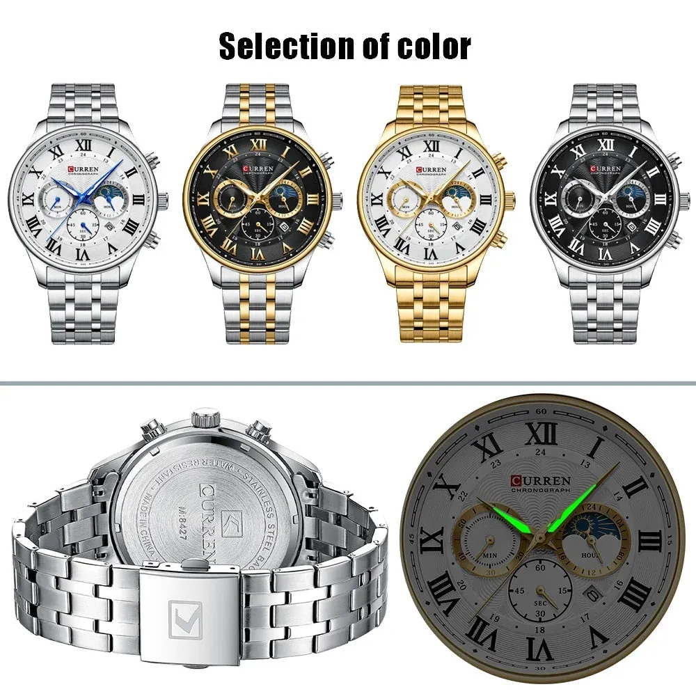 Casual Men's Watches with Date Classic Chronograph Stainless Steel Wristwatches with Luminous Hands Male Clock