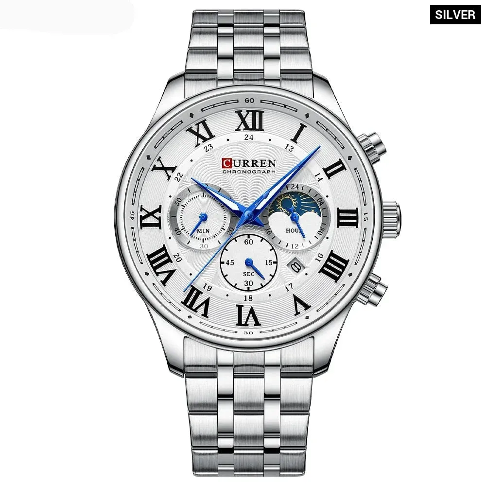 Casual Men's Watches with Date Classic Chronograph Stainless Steel Wristwatches with Luminous Hands Male Clock