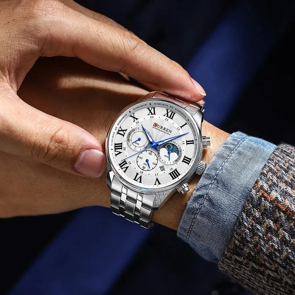 Casual Men's Watches with Date Classic Chronograph Stainless Steel Wristwatches with Luminous Hands Male Clock