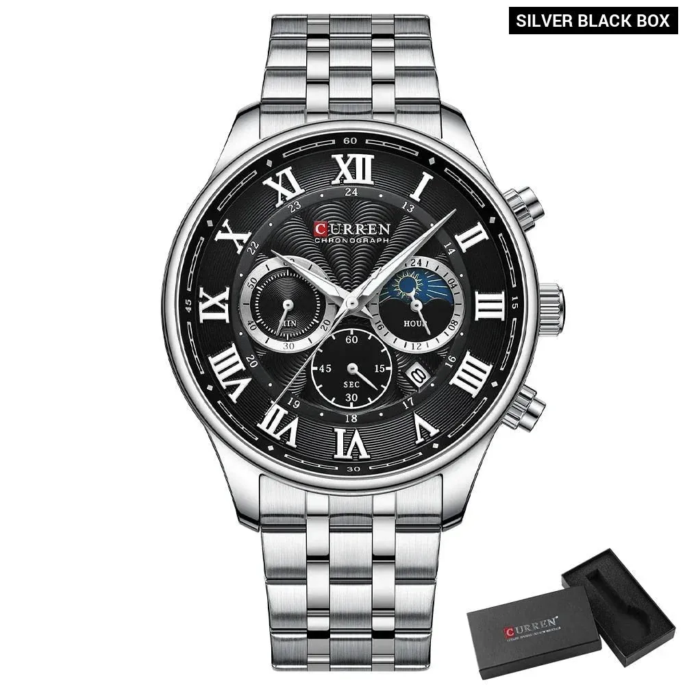 Casual Men's Watches with Date Classic Chronograph Stainless Steel Wristwatches with Luminous Hands Male Clock