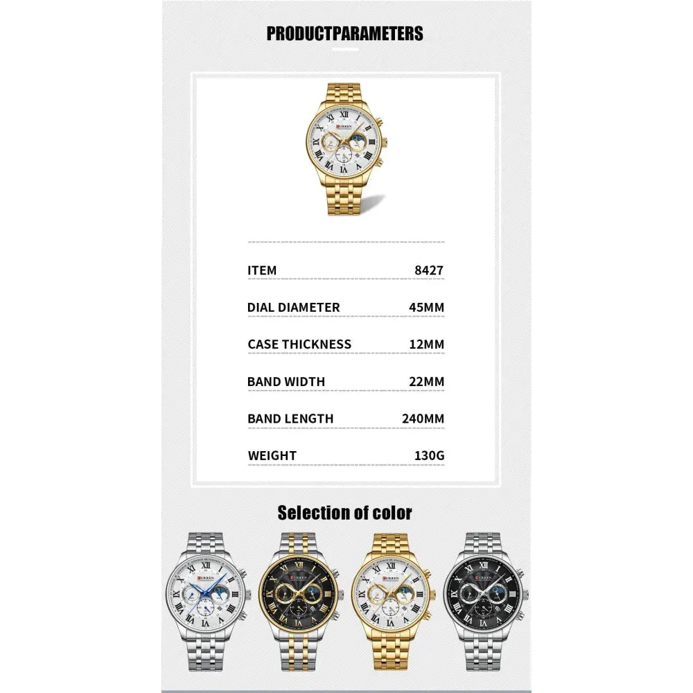Casual Men's Watches with Date Classic Chronograph Stainless Steel Wristwatches with Luminous Hands Male Clock