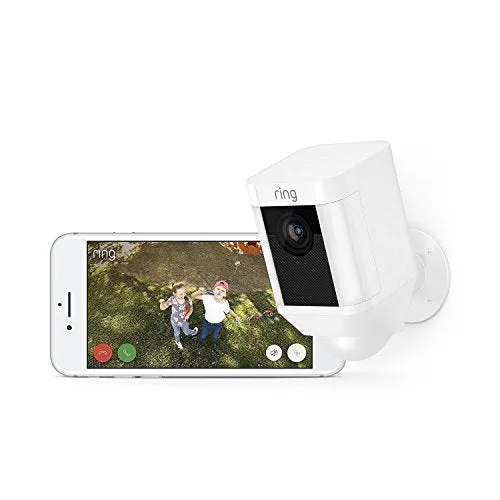 Certified Refurbished Ring Spotlight Cam Battery HD Security Camera with Built Two-Way Talk and a Siren Alarm, White, Works with Alexa