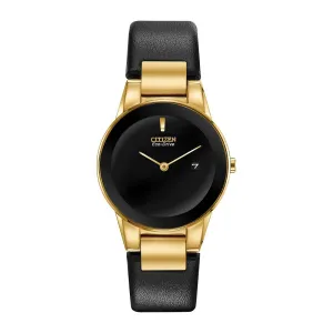 Citizen Axiom Ladies Eco Drive Gold Tone Black Leather Strap Watch
