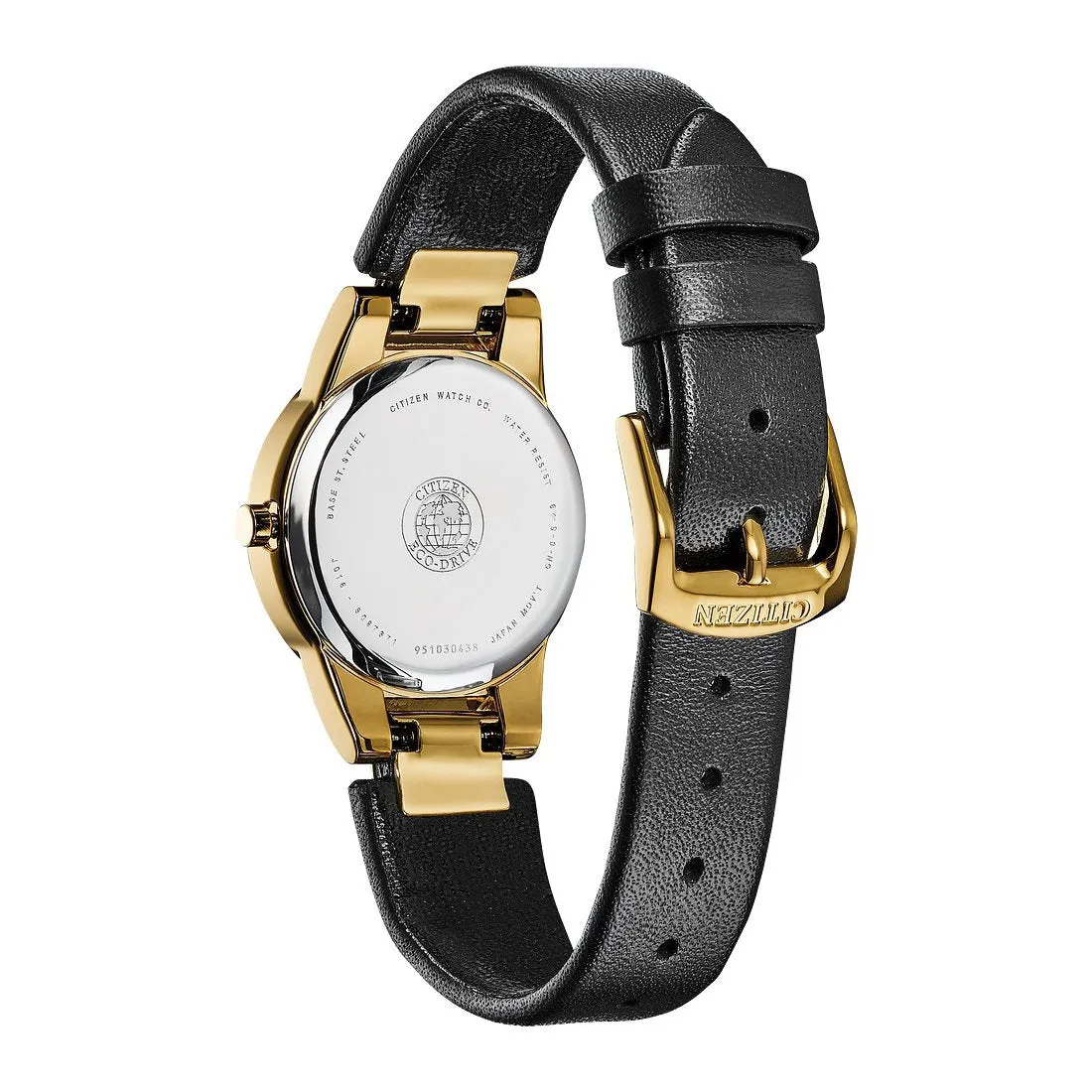 Citizen Axiom Ladies Eco Drive Gold Tone Black Leather Strap Watch