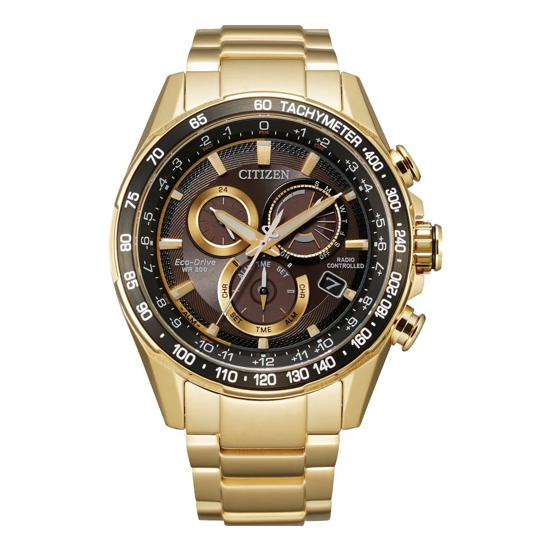 Citizen Perpetual Chrono A-T Mens Eco Drive Gold Tone Black Dial Watch