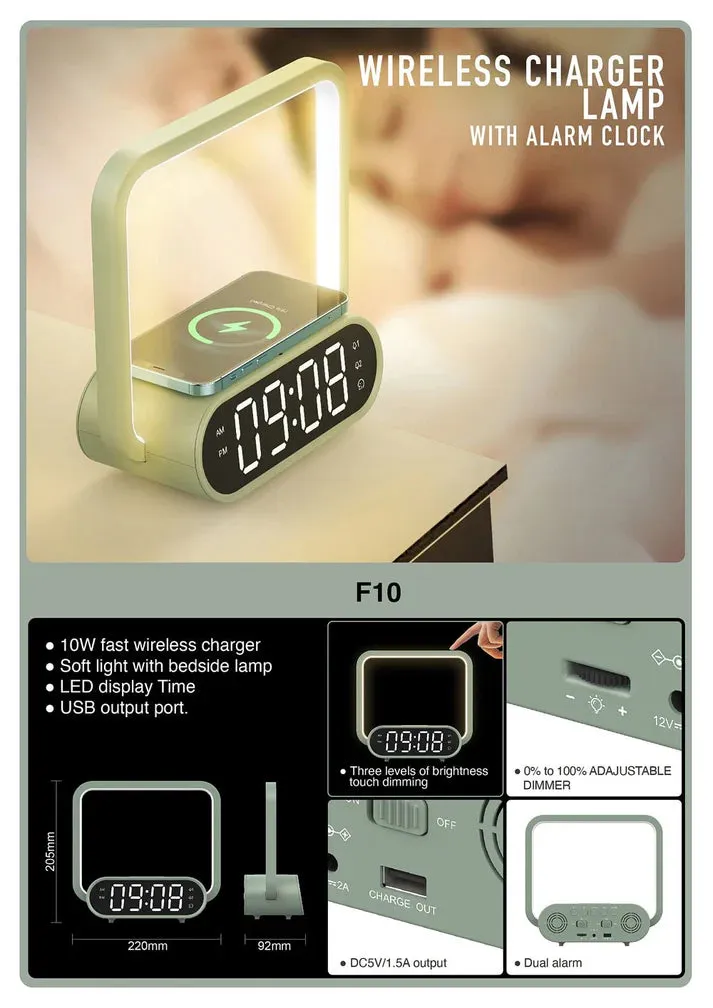 Crony F10 Wireless Charging Desk Lamp with Alarm Clock Touch Desk dimmable LED digital alarm clock light for Home Office