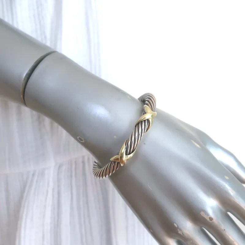 David Yurman Double X Cable Cuff Bracelet Sterling Silver & 14k Gold 7mm