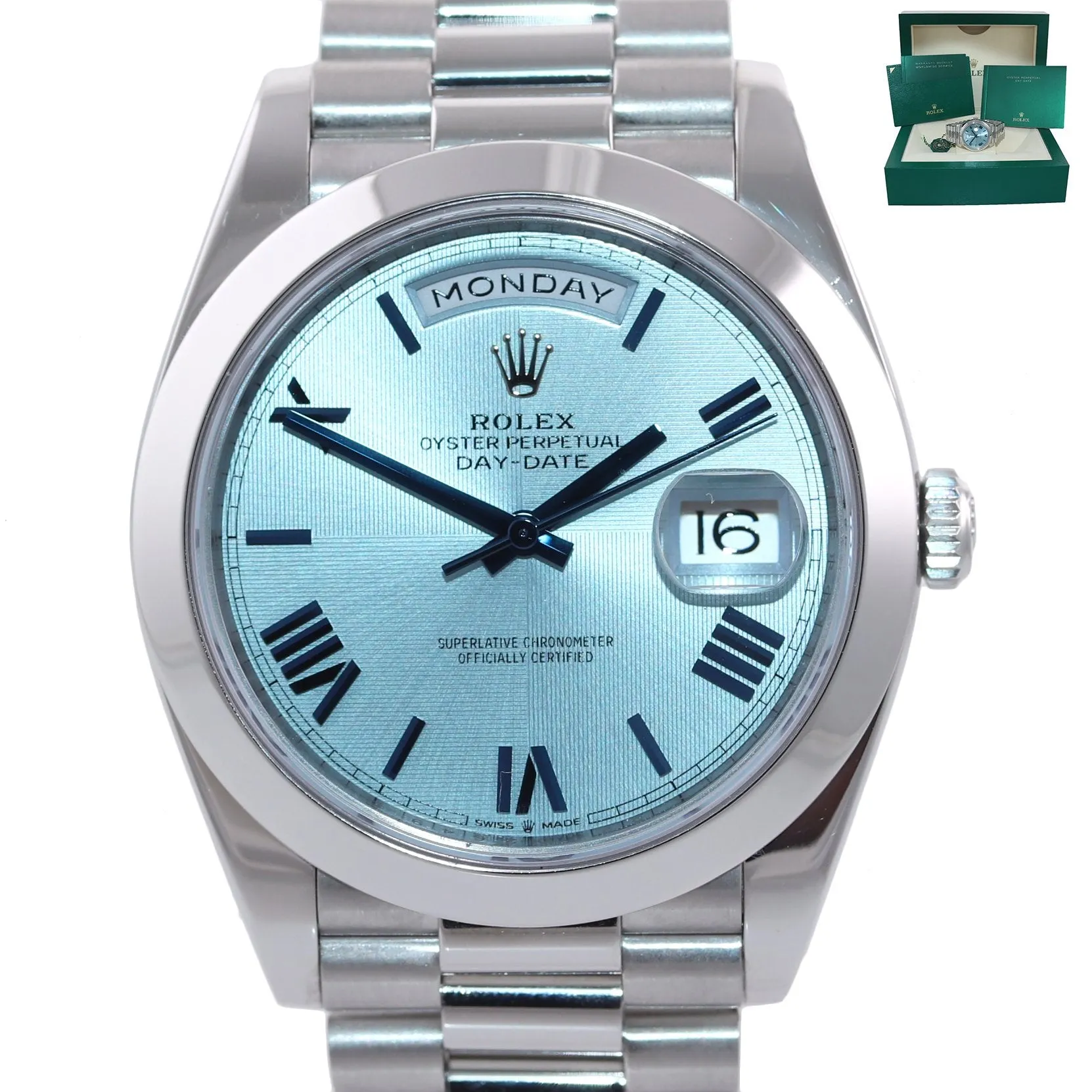 DISCONTINUED 2020 Rolex Platinum President Glacier Blue Roman 228206 Watch Box