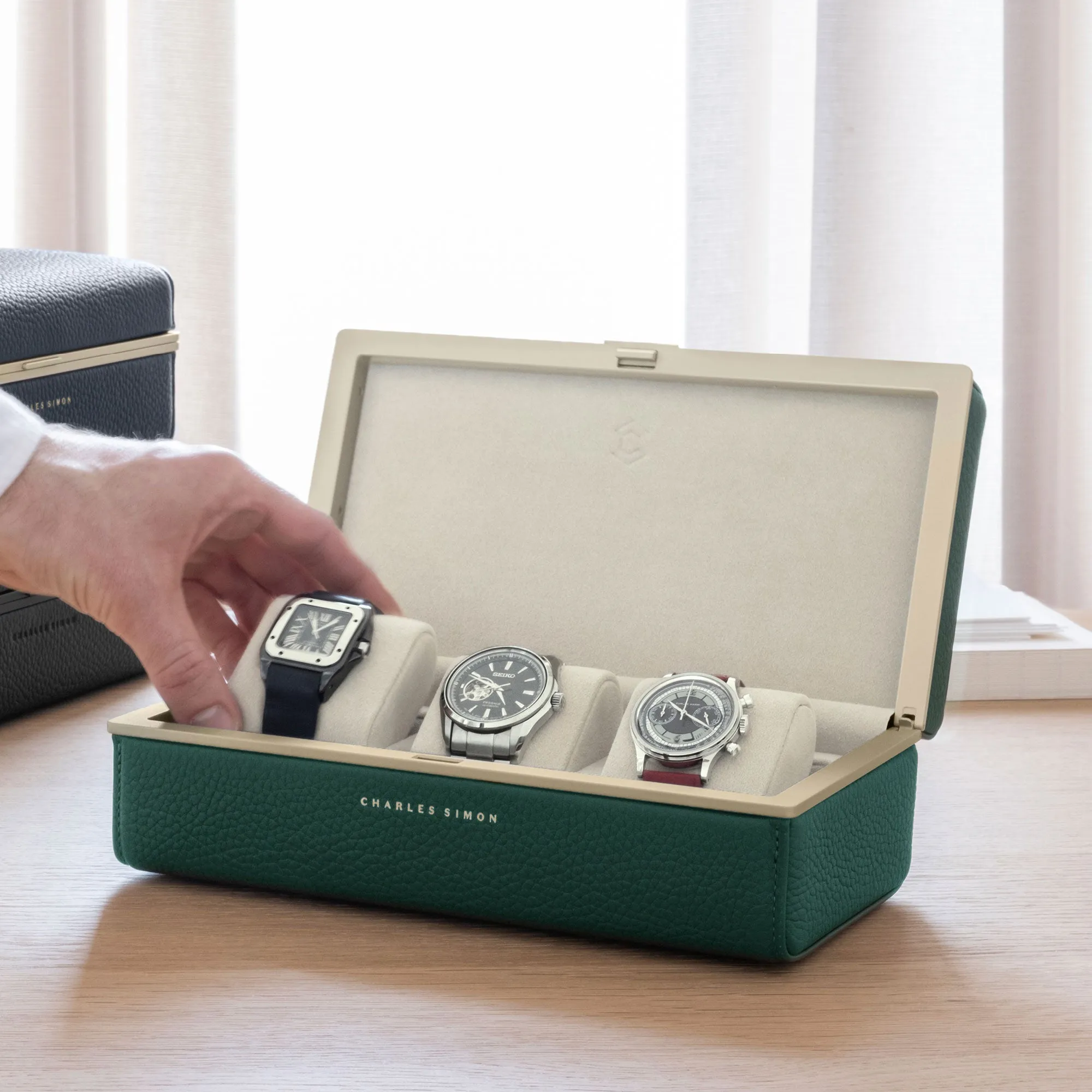 EATON 3 WATCH CASE - EMERALD / CHAMPAGNE
