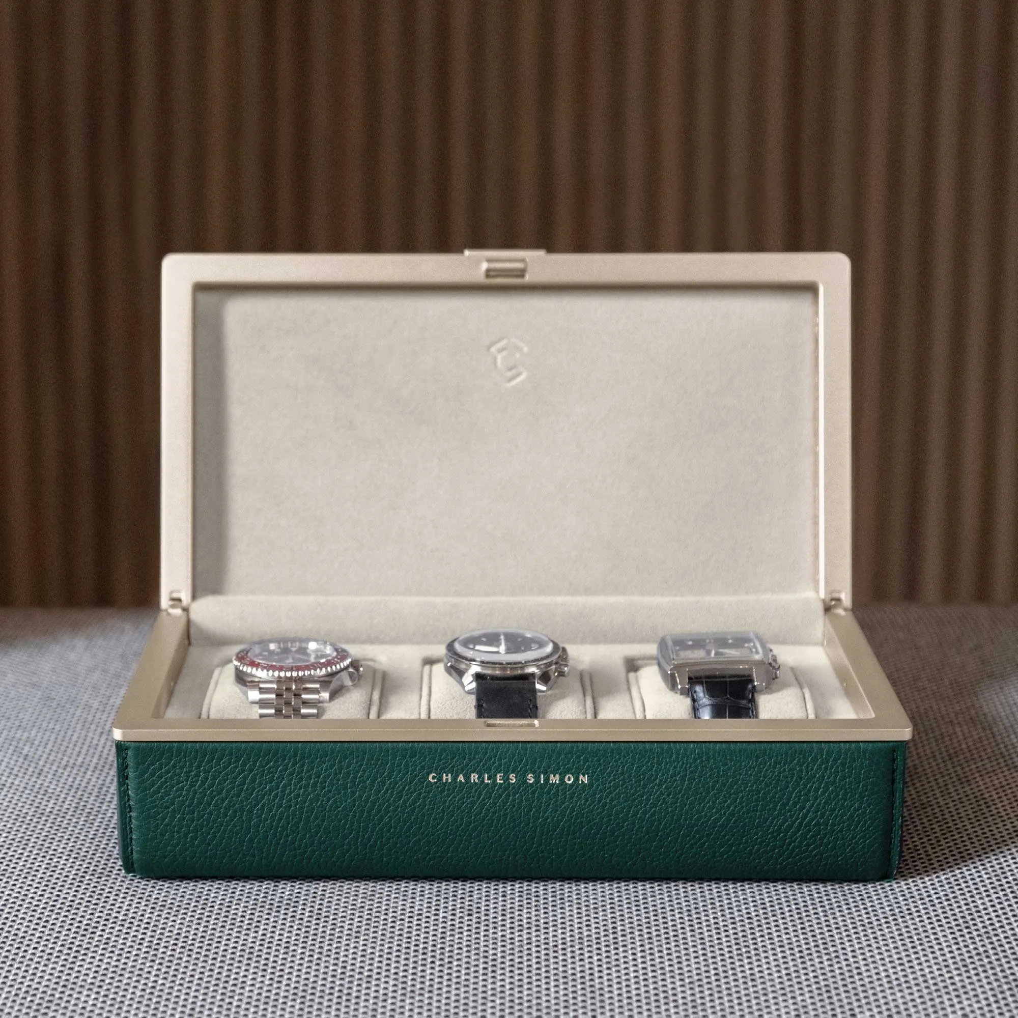 EATON 3 WATCH CASE - EMERALD / CHAMPAGNE