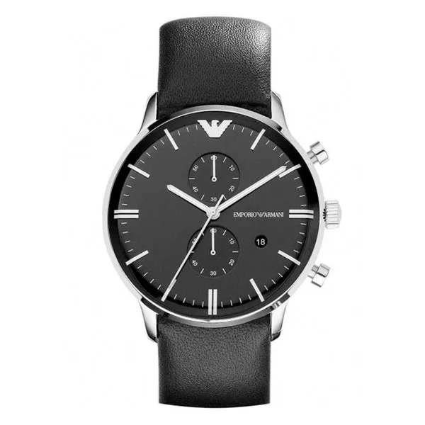 EMPORIO ARMANI Classic Black Leather Strap Black Dial Chronograph Quartz Watch for Gents - AR0397