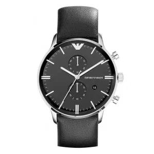 EMPORIO ARMANI Classic Black Leather Strap Black Dial Chronograph Quartz Watch for Gents - AR0397