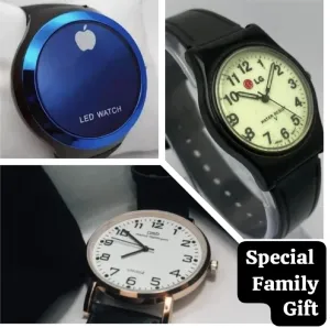 Family Gift Pack of 3 Watches | Best Quality Watches | Daniel Wellington Watch   LG Quartz Watch   Apple Logo Digital Watch | Watches ( Without Box ) (Random Color)