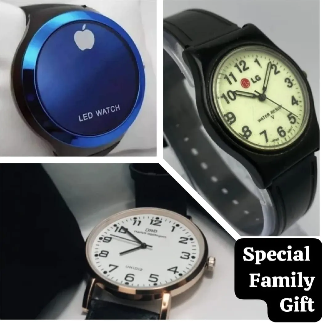 Family Gift Pack of 3 Watches | Best Quality Watches | Daniel Wellington Watch   LG Quartz Watch   Apple Logo Digital Watch | Watches ( Without Box ) (Random Color)