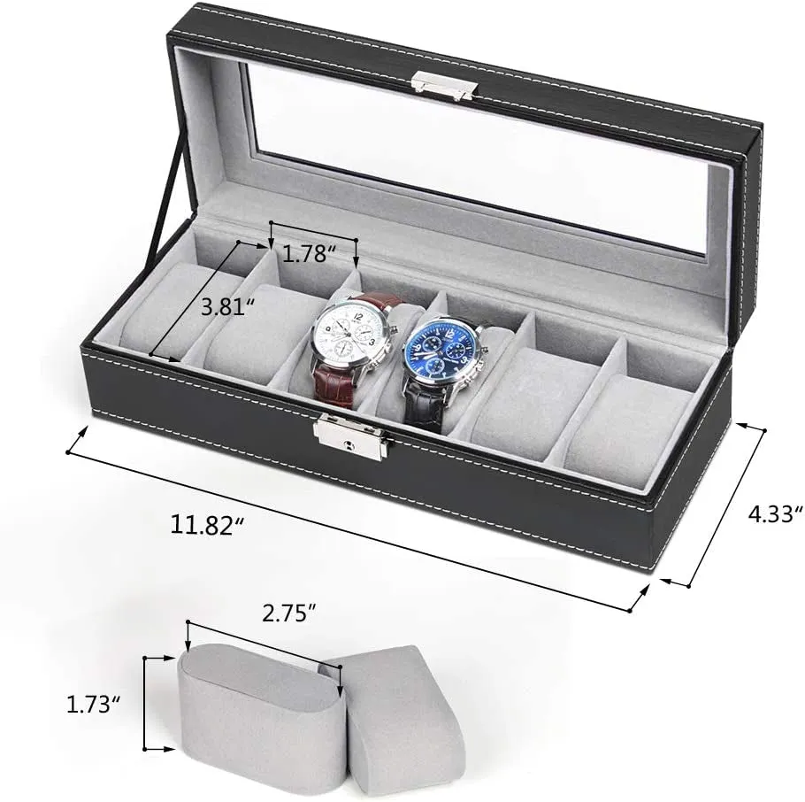 Faux Leather Watch Organizer for Men with 6 Slots, Glass Top Lid, Black