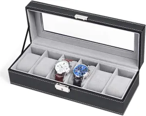 Faux Leather Watch Organizer for Men with 6 Slots, Glass Top Lid, Black