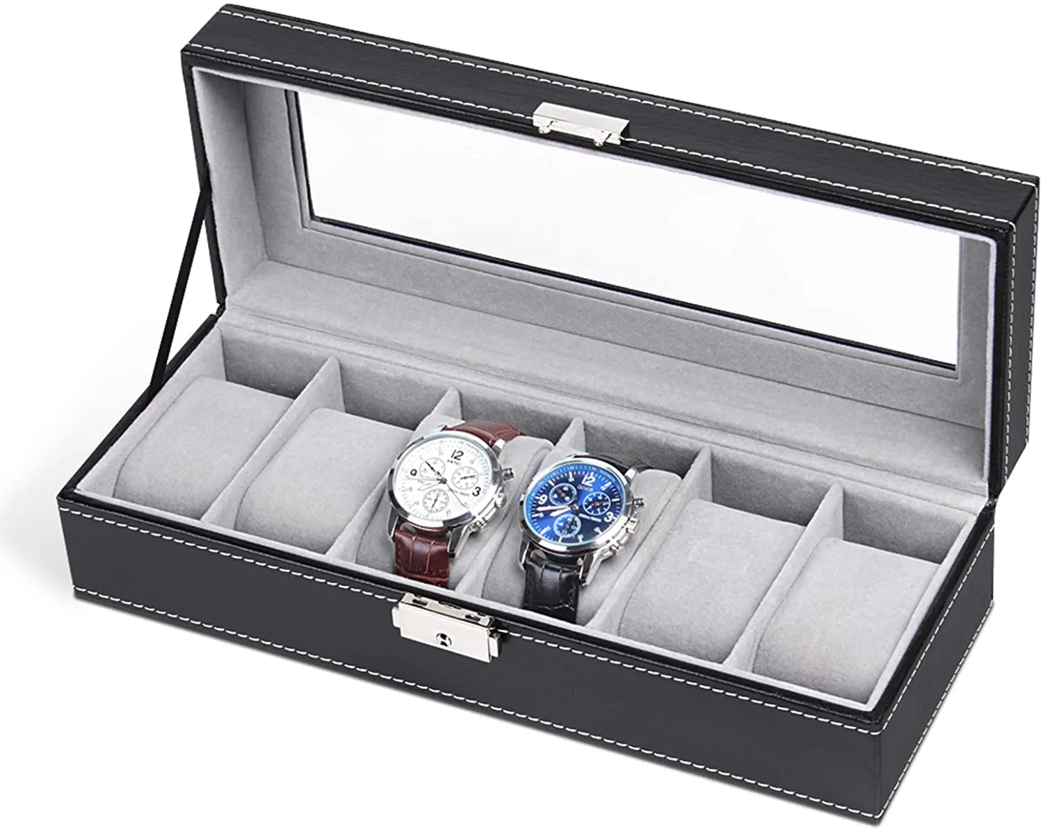 Faux Leather Watch Organizer for Men with 6 Slots, Glass Top Lid, Black