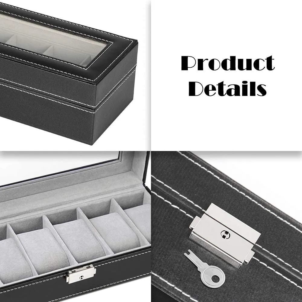 Faux Leather Watch Organizer for Men with 6 Slots, Glass Top Lid, Black