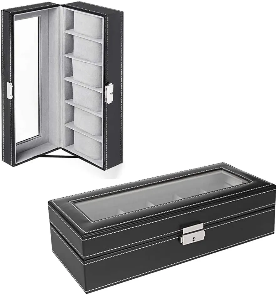 Faux Leather Watch Organizer for Men with 6 Slots, Glass Top Lid, Black