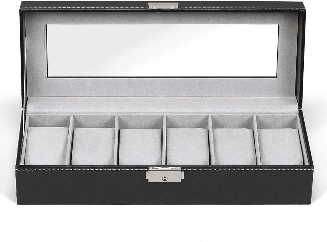 Faux Leather Watch Organizer for Men with 6 Slots, Glass Top Lid, Black