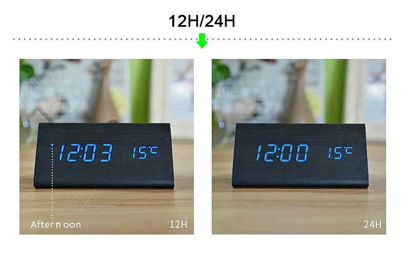 FiBiSonic Wood Digital LED Alarm Clock, Sound Control Wooden Alarm Clock LED Desktop&Table Clock with Temperature