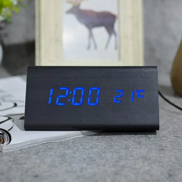 FiBiSonic Wood Digital LED Alarm Clock, Sound Control Wooden Alarm Clock LED Desktop&Table Clock with Temperature