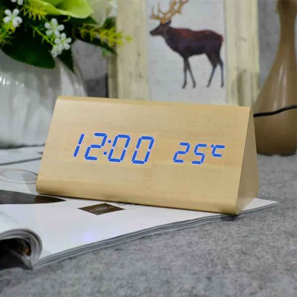 FiBiSonic Wood Digital LED Alarm Clock, Sound Control Wooden Alarm Clock LED Desktop&Table Clock with Temperature