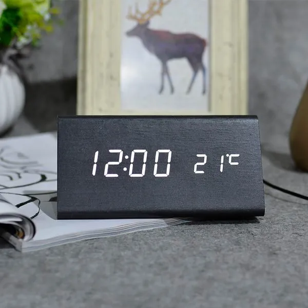 FiBiSonic Wood Digital LED Alarm Clock, Sound Control Wooden Alarm Clock LED Desktop&Table Clock with Temperature