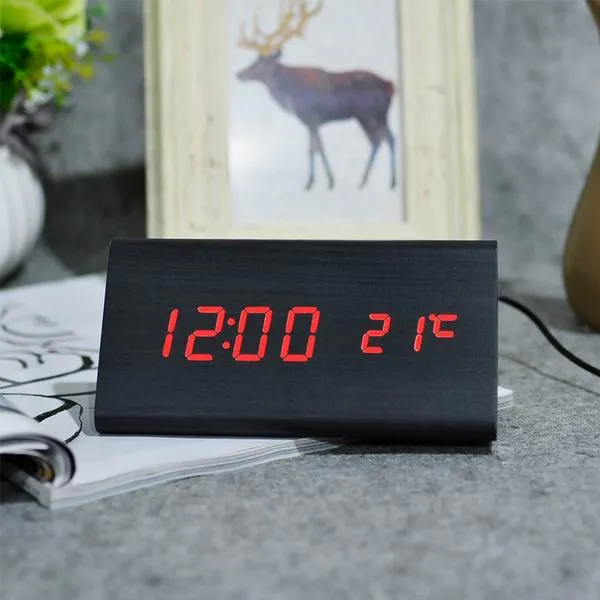 FiBiSonic Wood Digital LED Alarm Clock, Sound Control Wooden Alarm Clock LED Desktop&Table Clock with Temperature