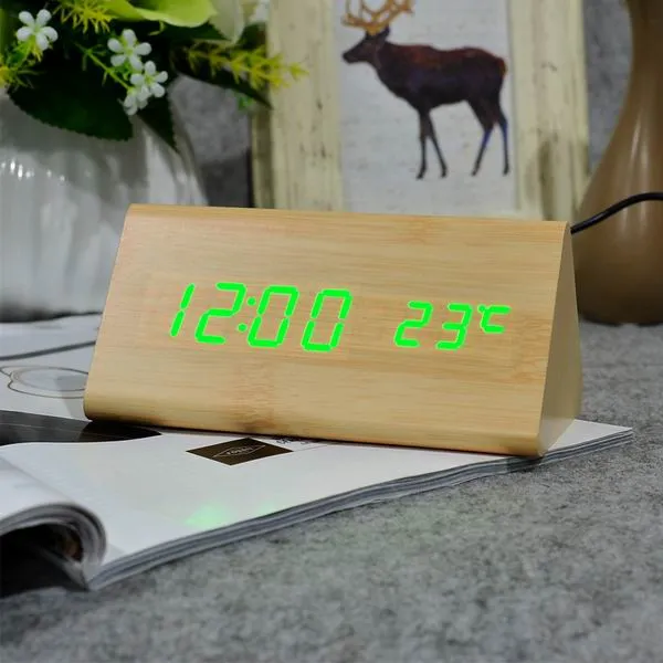 FiBiSonic Wood Digital LED Alarm Clock, Sound Control Wooden Alarm Clock LED Desktop&Table Clock with Temperature