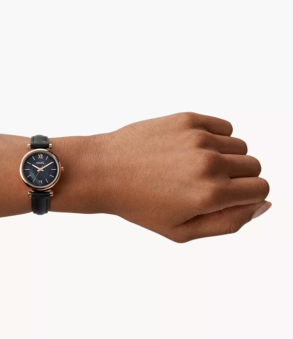 Fossil Carlie Mini Three-Hand Black Leather 28mm Ladies Watch