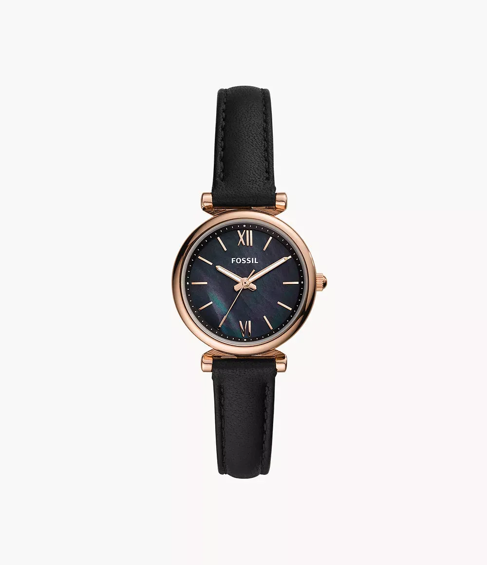 Fossil Carlie Mini Three-Hand Black Leather 28mm Ladies Watch