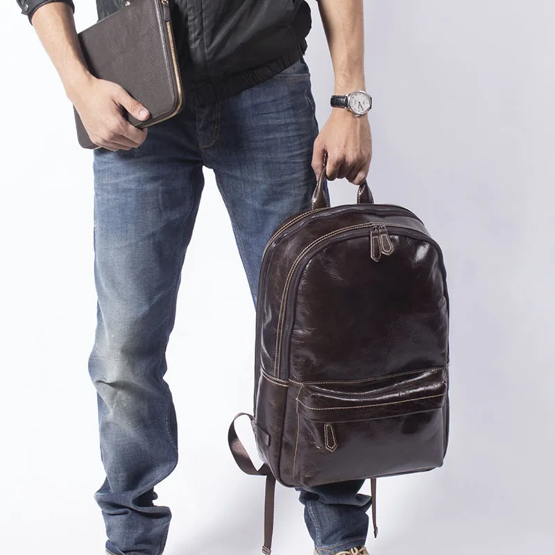 Full Grain Leather Backpack Casual Shoulder Travel Bag For Men Laptop Backpack