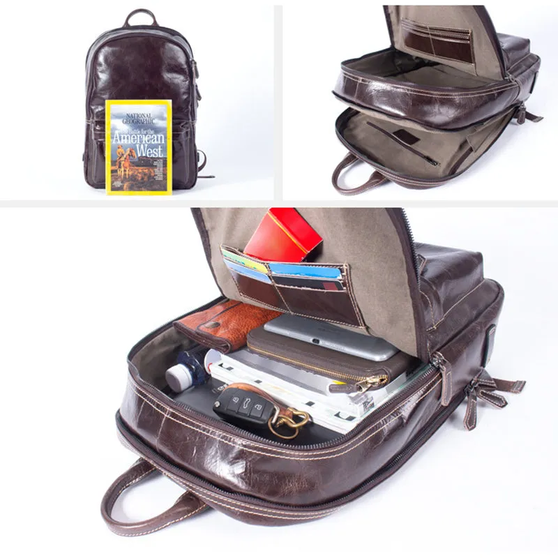 Full Grain Leather Backpack Casual Shoulder Travel Bag For Men Laptop Backpack
