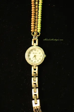 Gold/White Brown & Green with Crystals Metal Band with Clasp