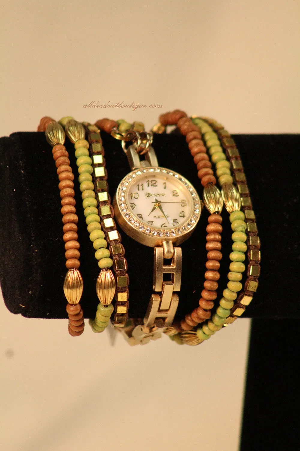 Gold/White Brown & Green with Crystals Metal Band with Clasp