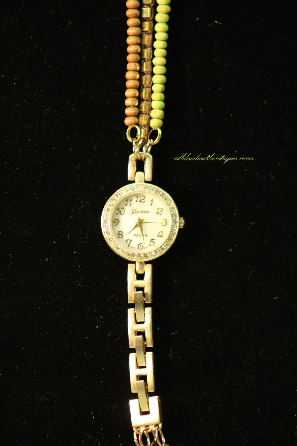 Gold/White Brown & Green with Crystals Metal Band with Clasp