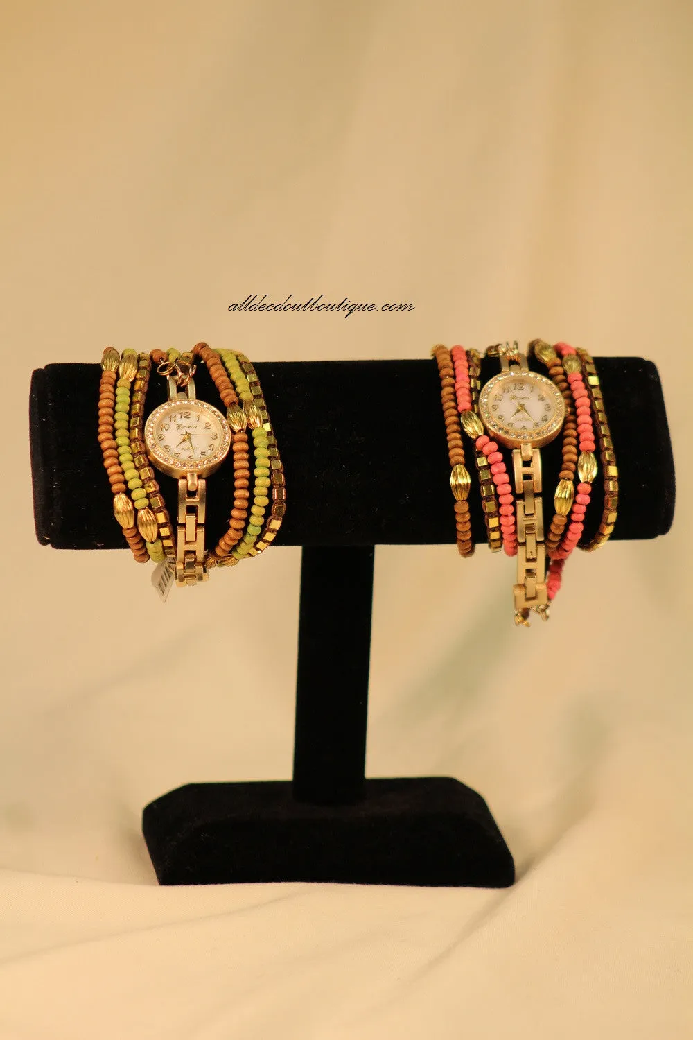 Gold/White Brown & Green with Crystals Metal Band with Clasp
