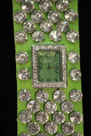 Green/Green Silver Studs Clear Rhinestones | Leather Band with Button Clasp