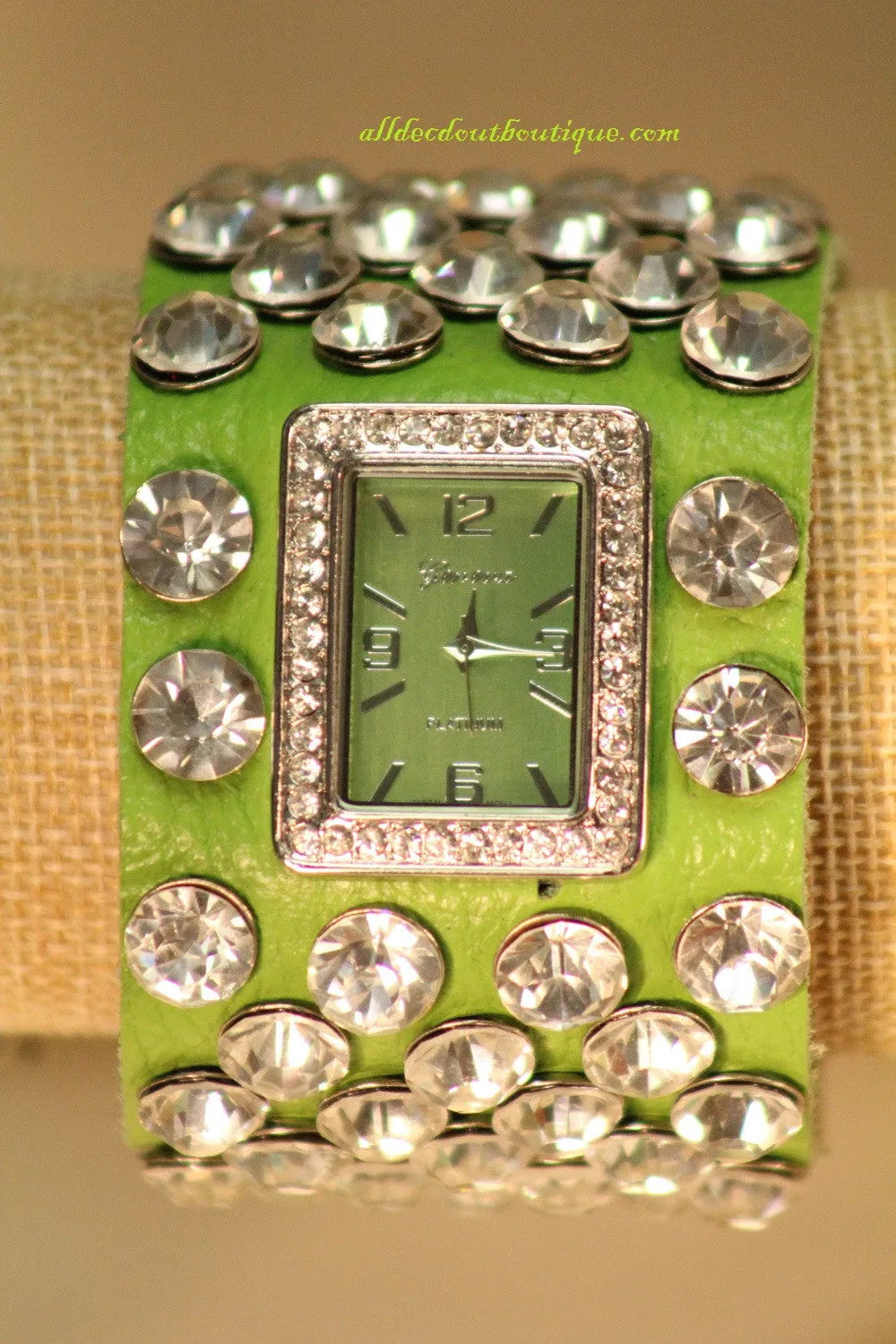 Green/Green Silver Studs Clear Rhinestones | Leather Band with Button Clasp