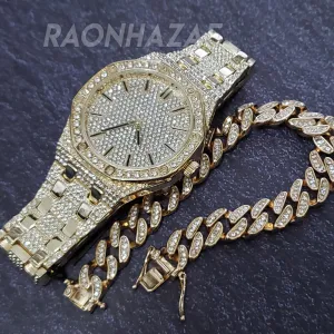 HIP HOP ICED GOLD FINISHED LAB DIAMOND YZY WATCH W/ BUST DOWN CUBAN BRACELET