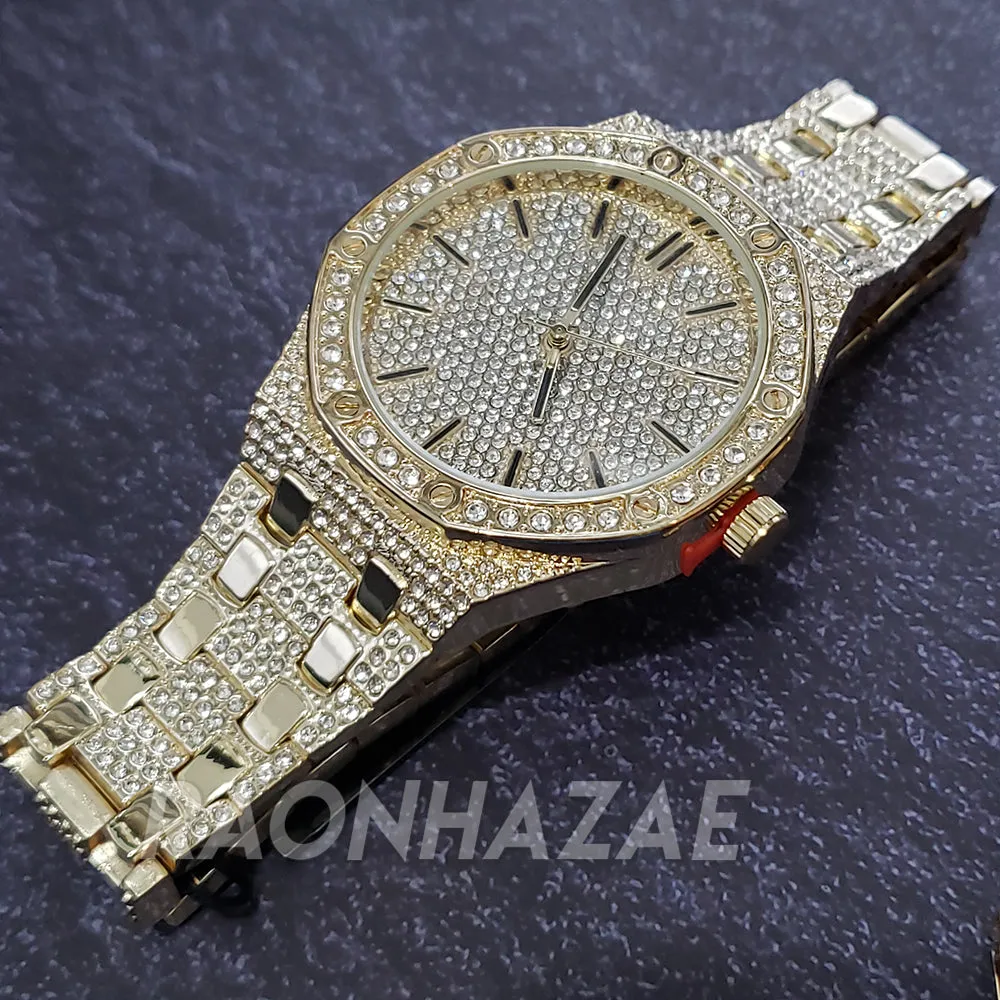 HIP HOP ICED GOLD FINISHED LAB DIAMOND YZY WATCH W/ BUST DOWN CUBAN BRACELET