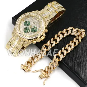 Hip Hop Iced Raonhazae Lab Diamond Drake Watch and 12mm Cuban Link Bracelet Set