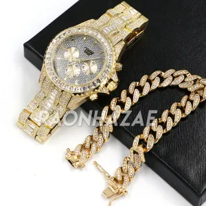 Hip Hop Iced Raonhazae Lab Diamond Watch and 12mm Cuban Link Bracelet Set