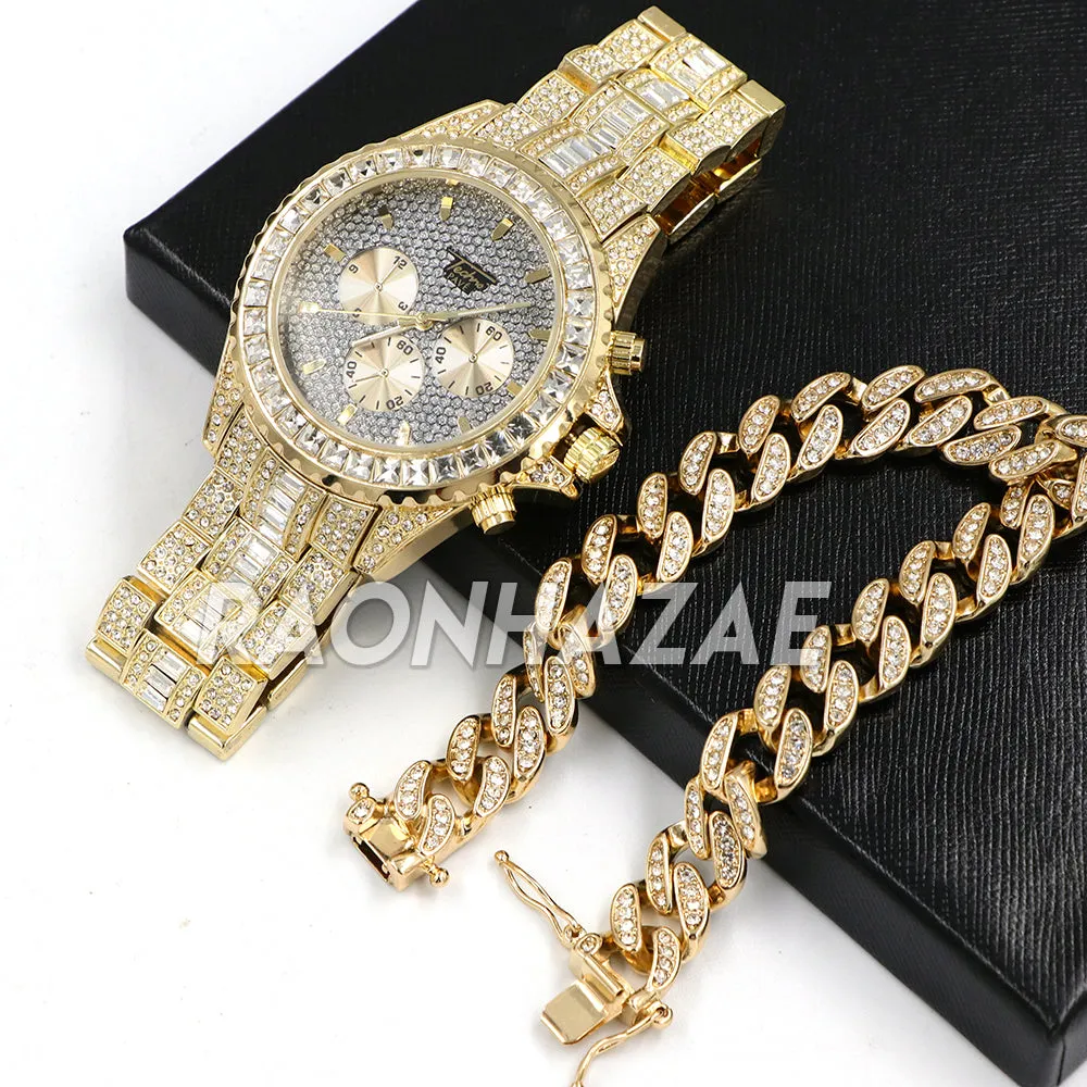 Hip Hop Iced Raonhazae Lab Diamond Watch and 12mm Cuban Link Bracelet Set