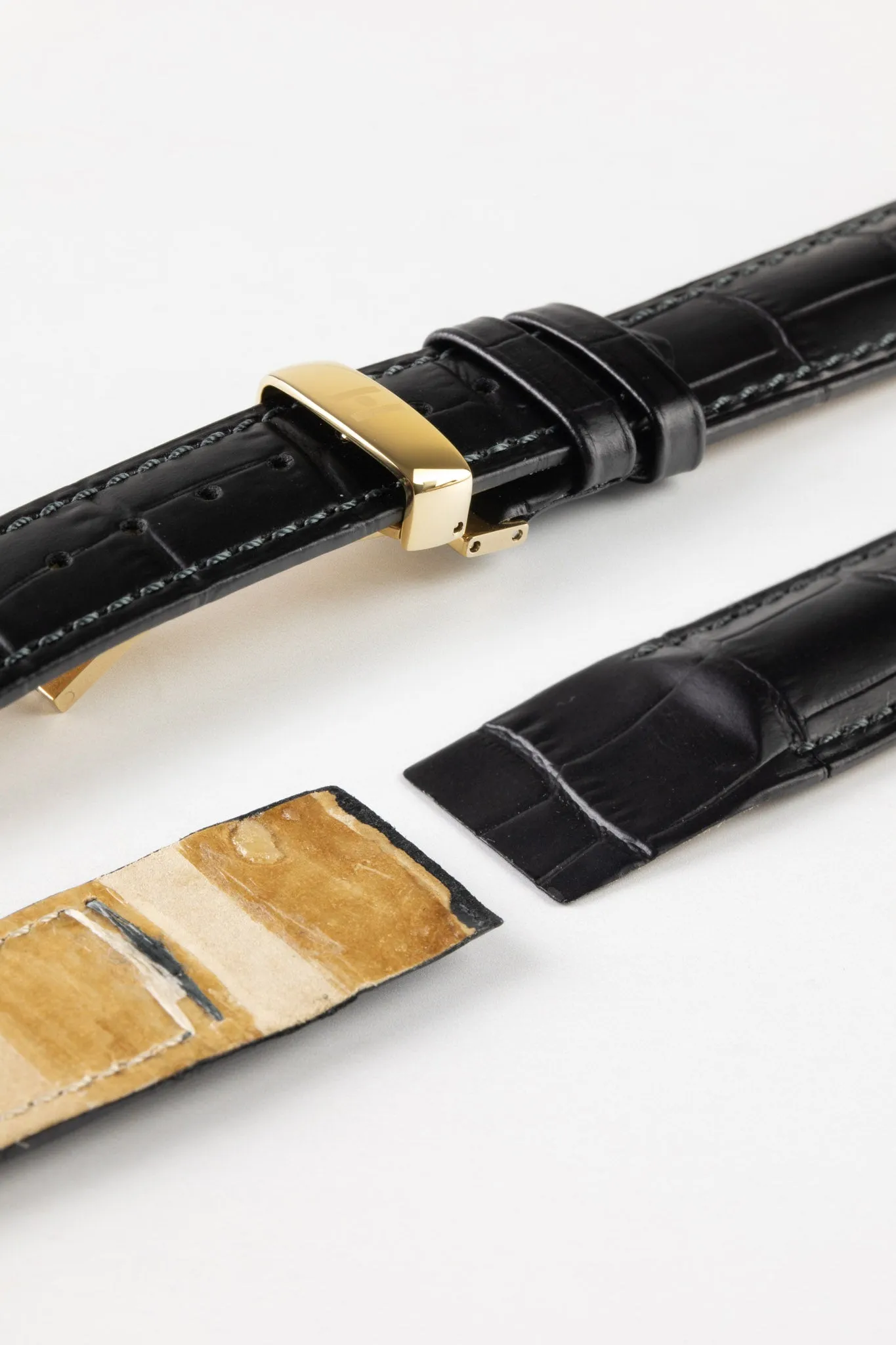 Hirsch DUKE Open Ended Alligator Embossed Leather Watch Strap in BLACK