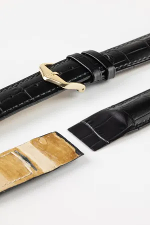 Hirsch DUKE Open Ended Alligator Embossed Leather Watch Strap in BLACK