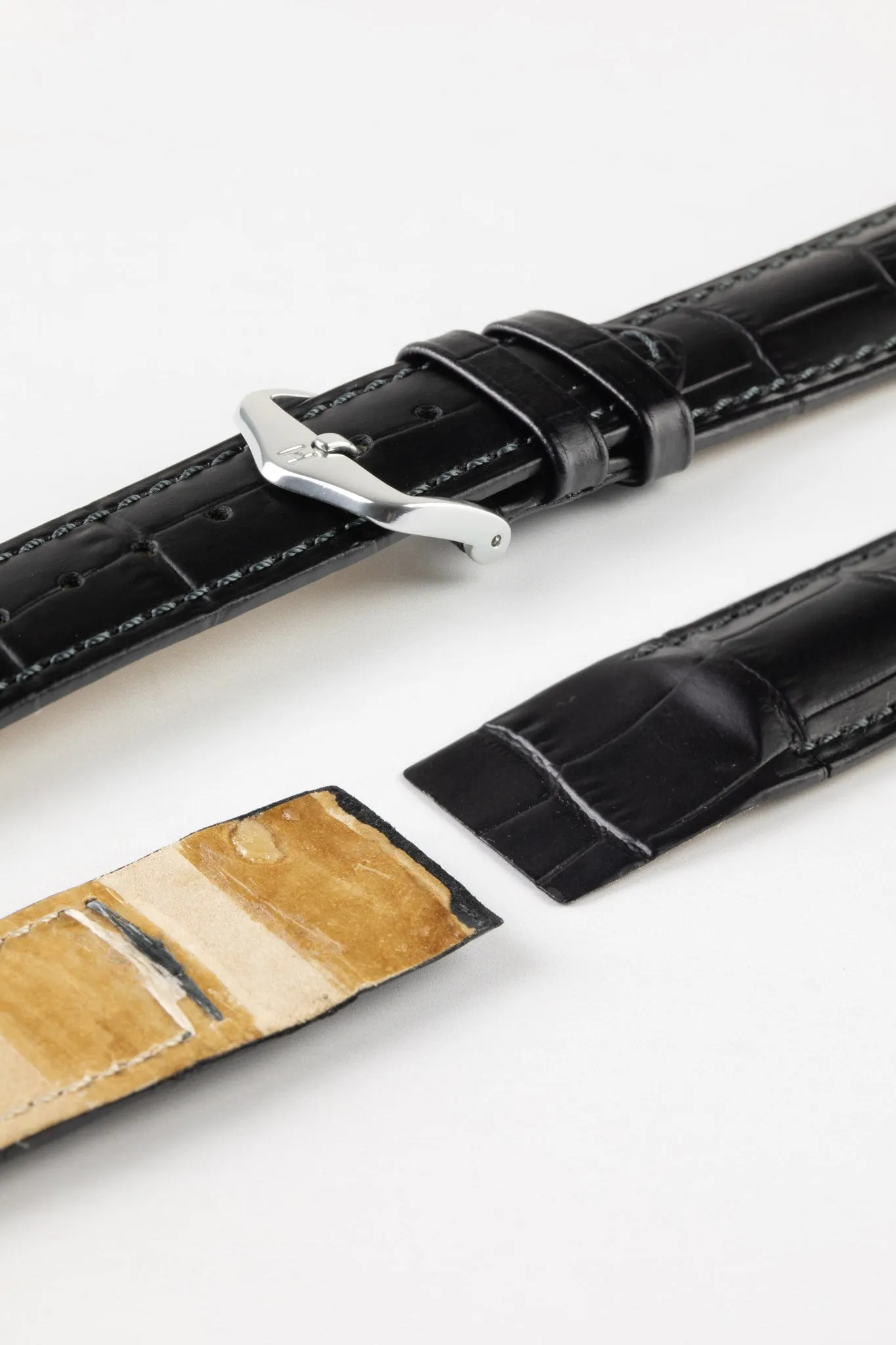 Hirsch DUKE Open Ended Alligator Embossed Leather Watch Strap in BLACK